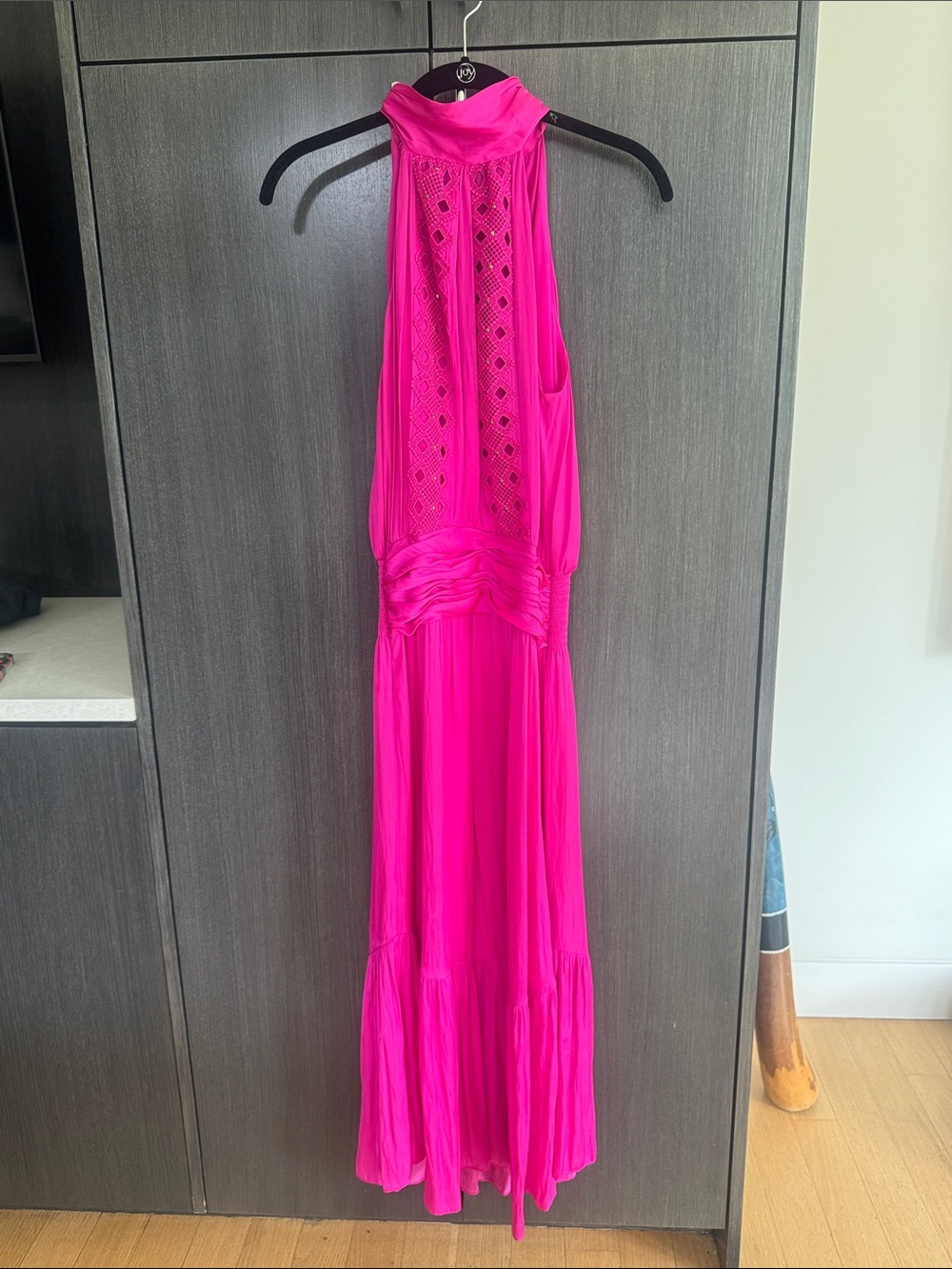 Ramy Brook Hot Pink Halter Maxi Dress with Lace Panels